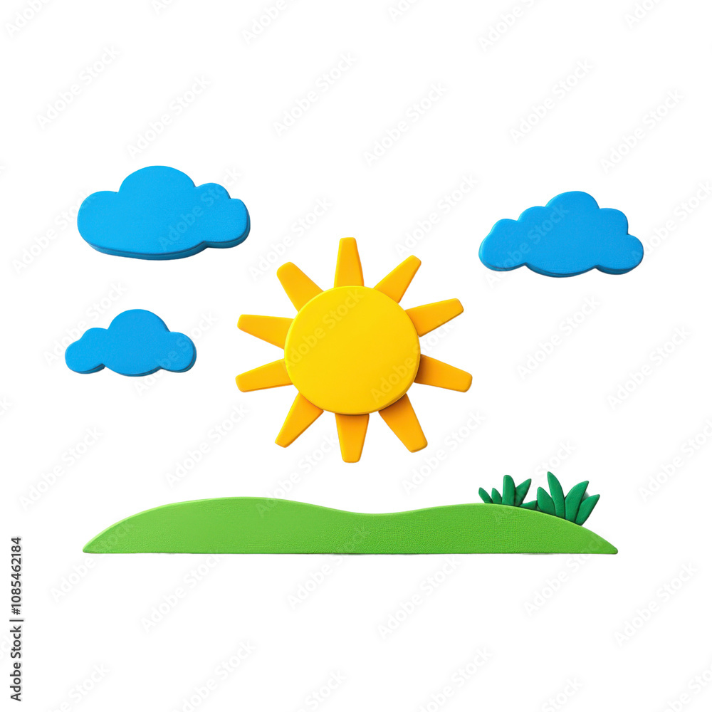 Bright sun with clouds and green grass in playful design Bright sun with clouds and green grass in playful design