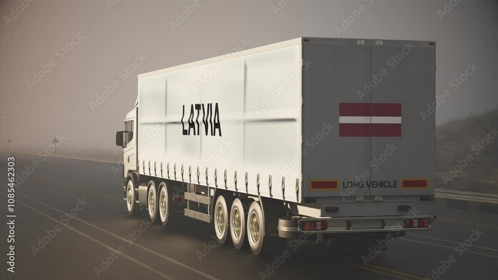 Logistics and Transportation Truck Lorry with Flag and Text on Trailer Latvia Logistics and Transportation Truck Lorry with Flag and Text on Trailer Latvia