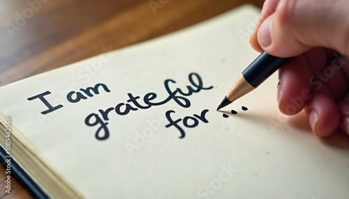 A hand writing gratitude notes in a journal as sunlight streams in, reflecting a moment of reflection and appreciation