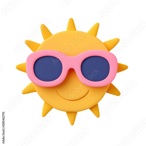 Cheerful sun character wearing pink sunglasses, bright and playful design