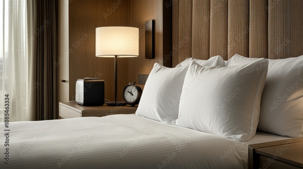 Cozy hotel room with a neatly made bed. Cozy hotel room with a neatly made bed.