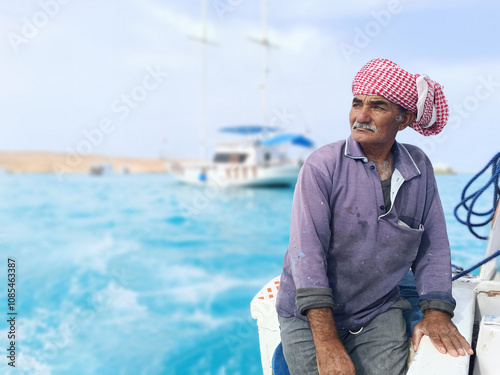 Old Sailor in the Sea Riding and Sailing with his Boat An old sailor with a white with a white mustache who is wearing a Bedouin Scarf on his head