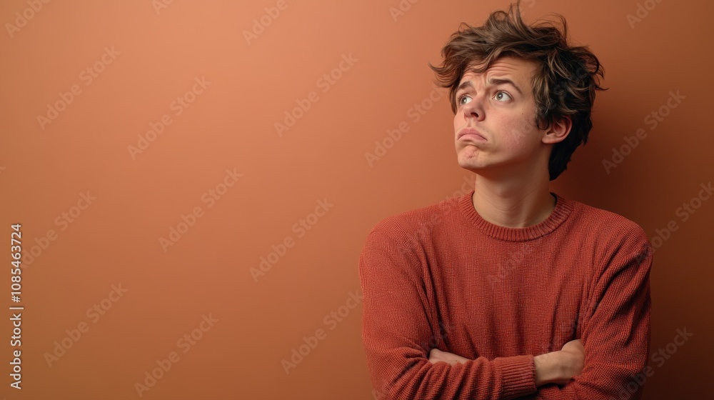 A young man with tousled hair looks thoughtfully against a warm backdrop. A young man with tousled hair looks thoughtfully against a warm backdrop.