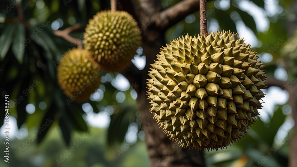 Fresh ripe durian hanging on durian tree branch Fresh ripe durian hanging on durian tree branch