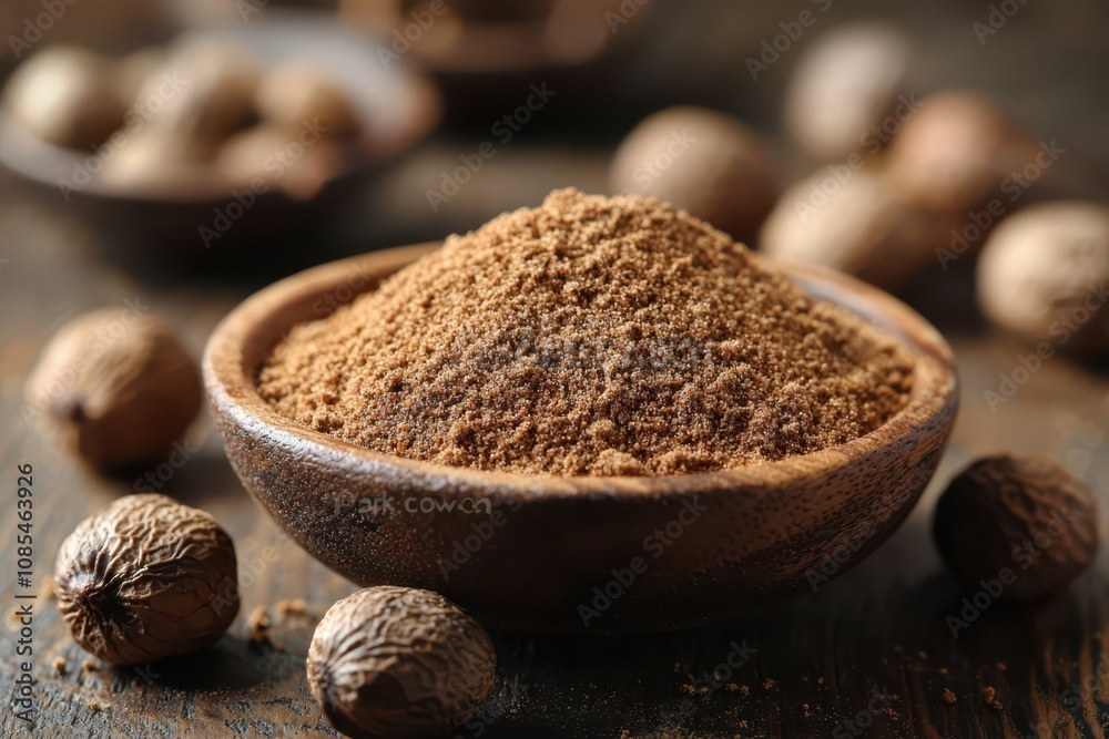 Light brown nutmeg powder, softly scattered to showcase its fine texture and earthy hue, perfect for adding flavor to recipes. Light brown nutmeg powder, softly scattered to showcase its fine texture and earthy hue, perfect for adding flavor to recipes.
