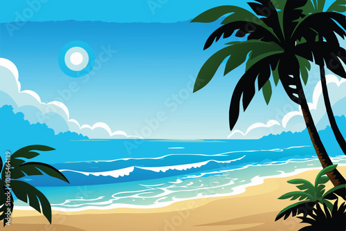 Create a vibrant vector illustration of a pristine tropical beach scene, featuring lush palm trees, turquoise water, and white sand.  Include detailed textures and shading.