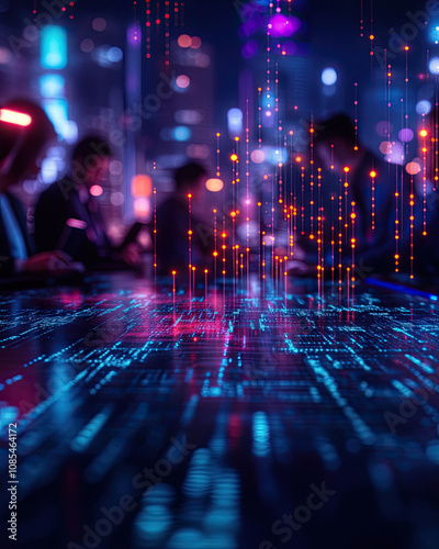 A vibrant digital scene showcasing data visualization, with glowing lines and dots representing information flow in a tech-focused environment.