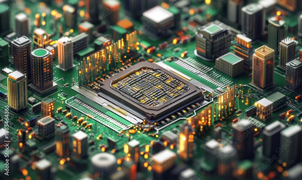 Obraz premium Smart city concept represented by a microchip surrounded by buildings and an electronic pattern, depicted in an isometric view