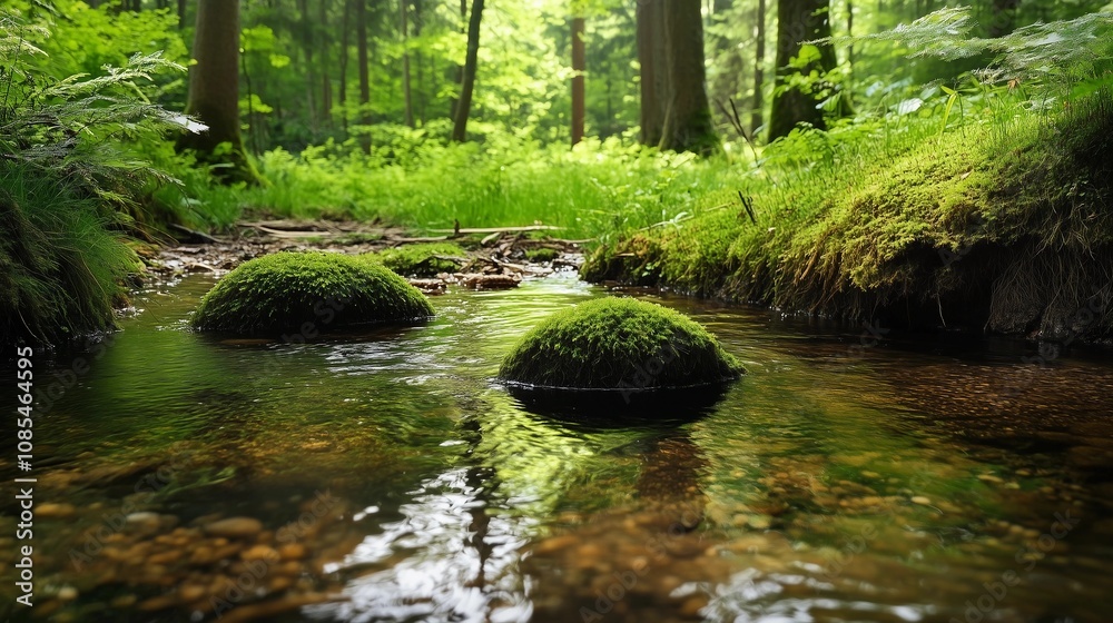 Moss-covered rocks in the middle of clear stream, surrounded by lush greenery and tall trees in forest, peaceful natural scene, tranquil atmosphere Moss-covered rocks in the middle of clear stream, surrounded by lush greenery and tall trees in forest, peaceful natural scene, tranquil atmosphere