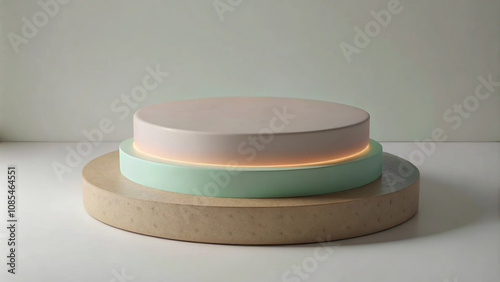Warm lighting and a layered podium design make this space perfect for presentations.