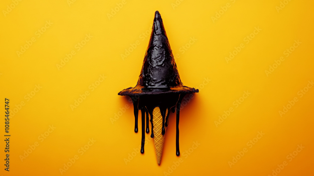 Fototapeta premium Dripping black witch hat is on an ice cream cone against a yellow background. Concept of Halloween fusion. For creative Halloween-themed designs