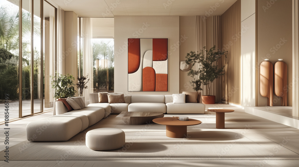 Luxury living room with white modular sofa and abstract art
Luxury living room with white modular sofa and abstract art