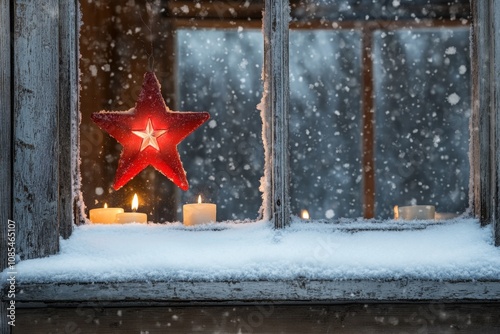 Cozy Winter Scene. Snow and a Candlelit Window, Embracing the Serenity of Season. Warm, inviting window view with Christmas lights. Snowflakes and flickering candles, perfect for winter imagery. photo