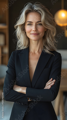 A photo of a middle-aged woman in a black suit smiling confidently, exuding professionalism and warmth.

