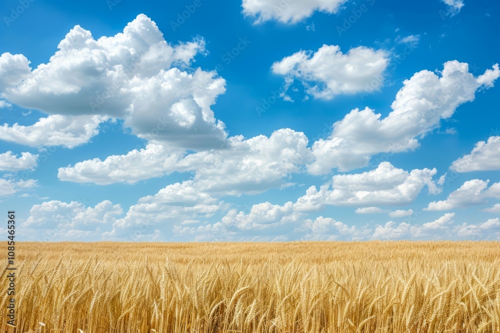 A picturesque golden wheat field under a bright blue sky. Neural network ai generated art A picturesque golden wheat field under a bright blue sky. Neural network ai generated art