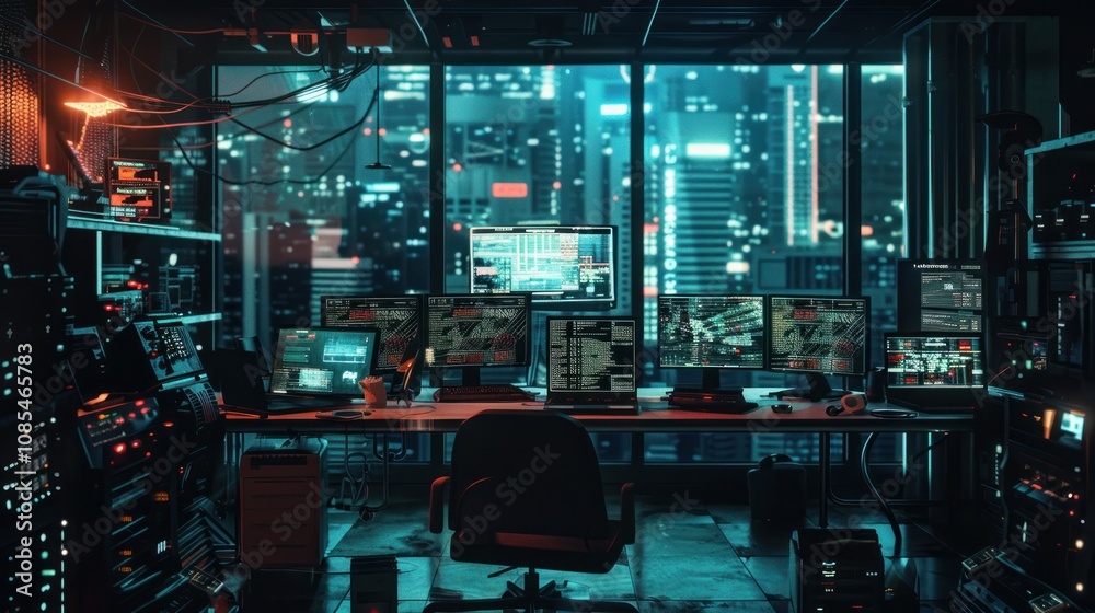Cyberpunk Hacker Workstation with City Skyline View Cyberpunk Hacker Workstation with City Skyline View
