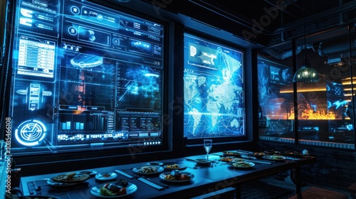 Cyberpunk Dining Room with Futuristic Displays