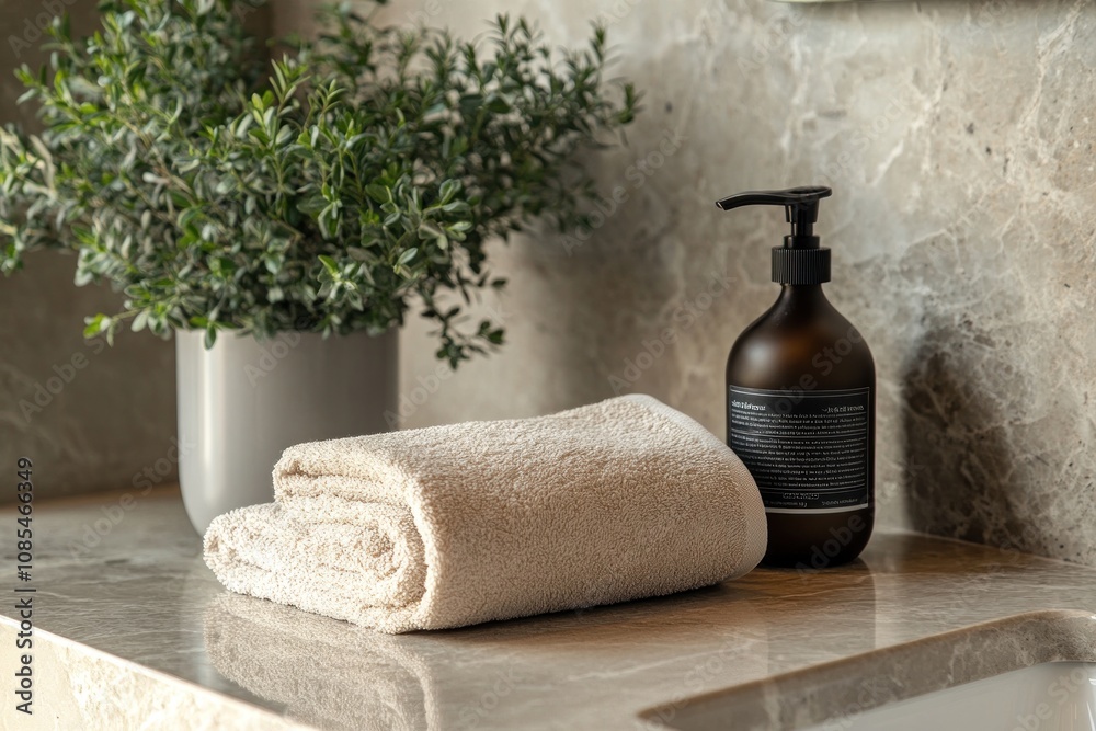 Towel and lotion on a marble countertop. Towel and lotion on a marble countertop.