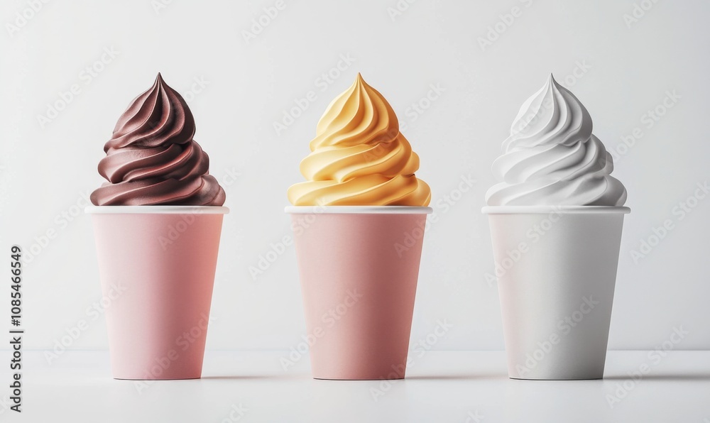 Mockup collection of strawberry vanilla and chocolate soft serve ice cream in blank paper cup packaging templates isolated on a white background Mockup collection of strawberry vanilla and chocolate soft serve ice cream in blank paper cup packaging templates isolated on a white background