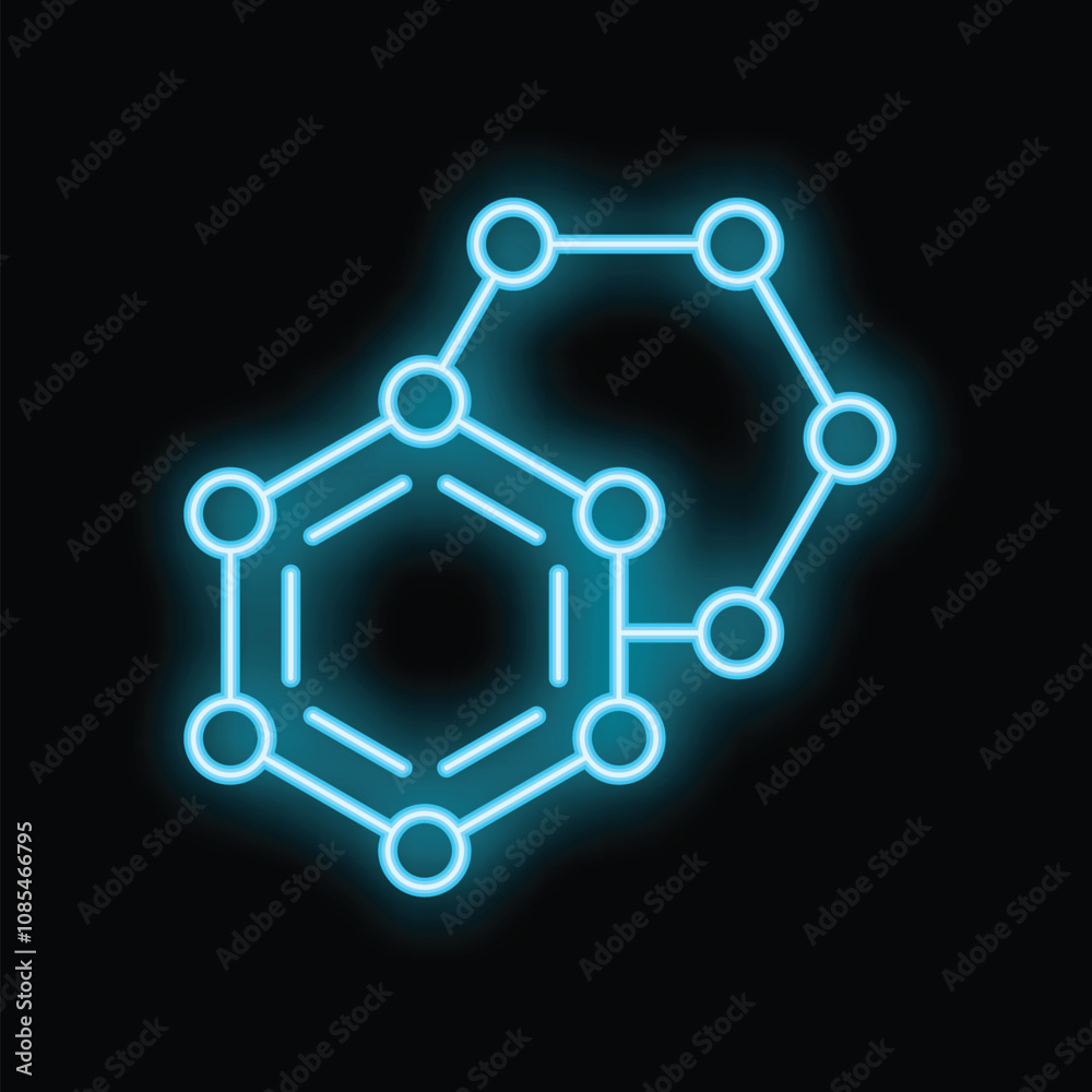 Blue neon molecule structure glowing on black background representing chemistry, science, laboratory, and research Blue neon molecule structure glowing on black background representing chemistry, science, laboratory, and research