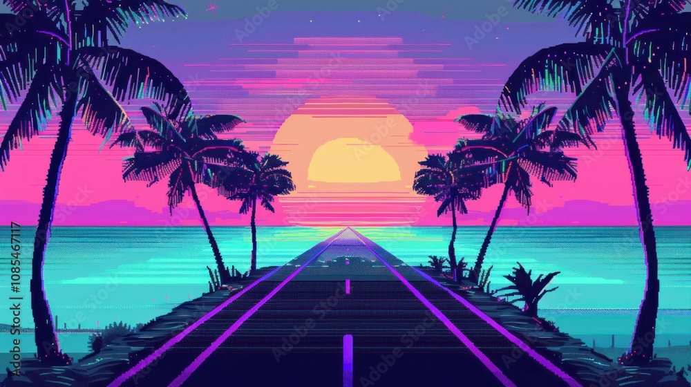 Naklejka premium Pixelated Sunset on a Tropical Highway