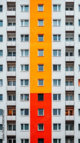 Colorful apartment facade featuring vibrant orange and red stripes in an urban setting with multiple residential balconies