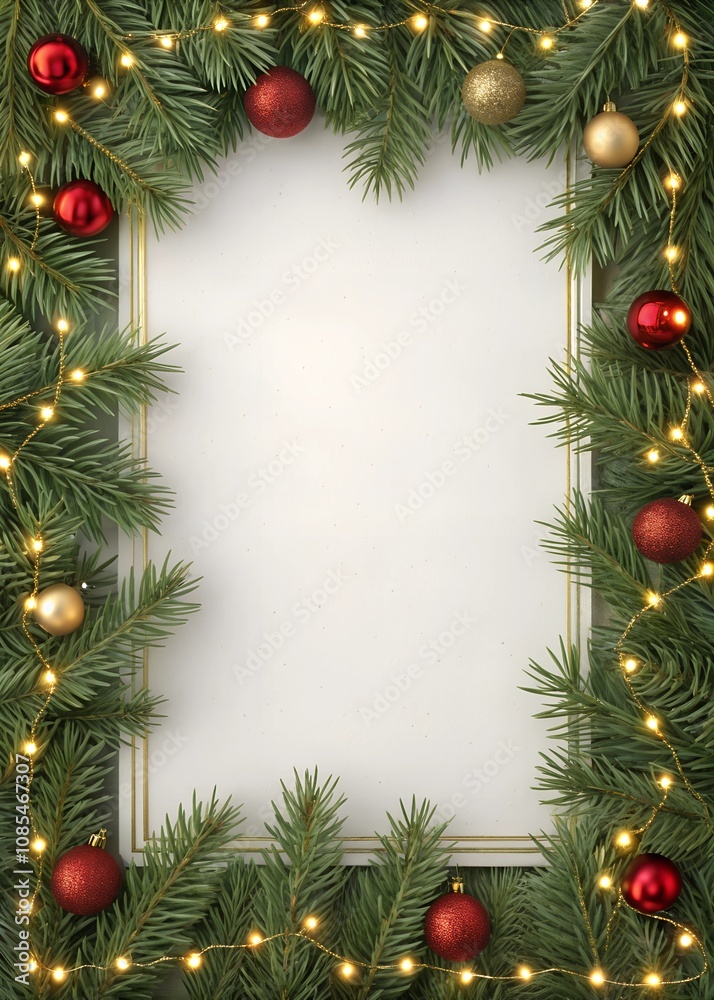Christmas and New Year pine and red ornaments border copy space Christmas and New Year pine and red ornaments border copy space