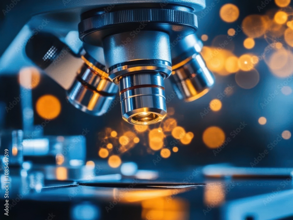 Close-up of a microscope's lens system, illuminated with a warm glow against a dark blue background with bokeh lights. The image evokes a sense of scientific discovery and precision. Close-up of a microscope's lens system, illuminated with a warm glow against a dark blue background with bokeh lights. The image evokes a sense of scientific discovery and precision.