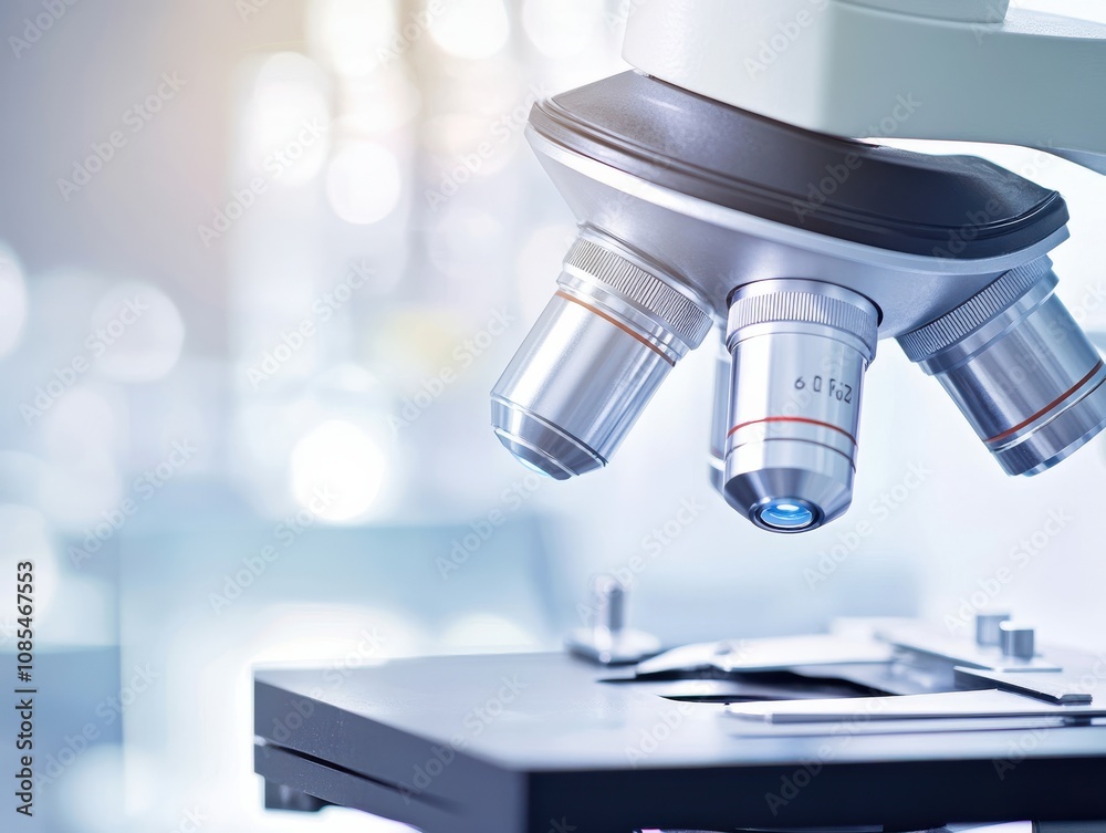Close-up of a modern microscope in a laboratory setting. The sleek metallic design and sharp focus emphasize scientific precision. Close-up of a modern microscope in a laboratory setting. The sleek metallic design and sharp focus emphasize scientific precision.