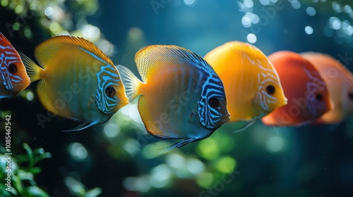 A mesmerizing array of vibrant fish swimming in harmony through a crystal-clear aquarium, showcasing nature's artistry in every stroke photo