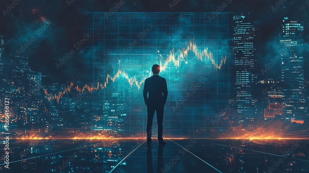Businessman Monitoring Surging Financial Data in Urban Skyline
