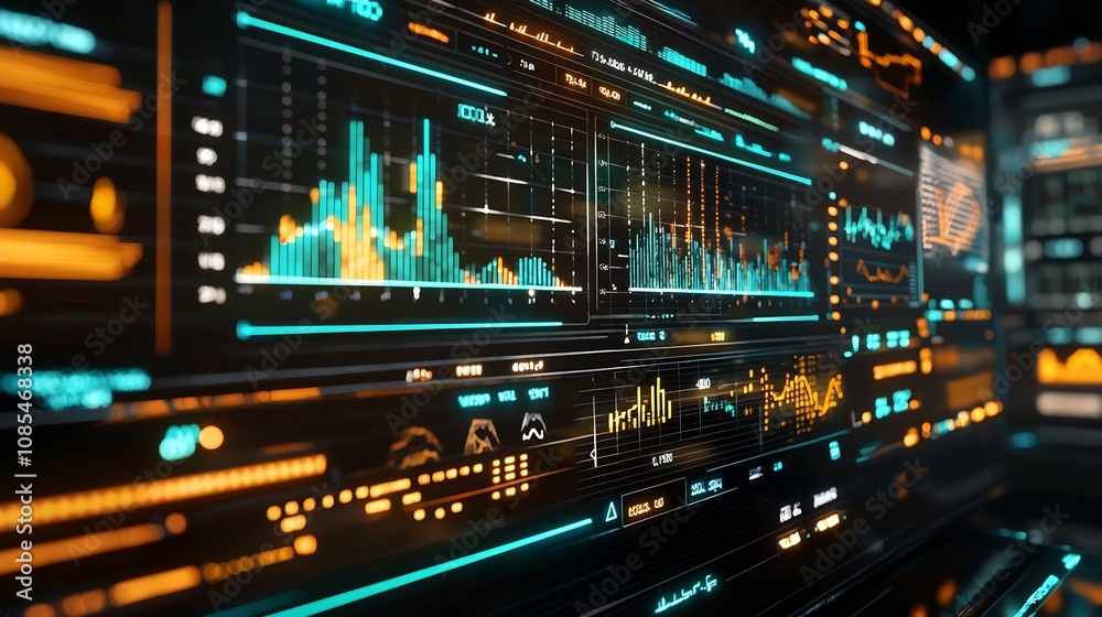 Fototapeta premium Futuristic dashboard with real time revenue data financial growth visualization in green gold and blue hues business concept with copy space
