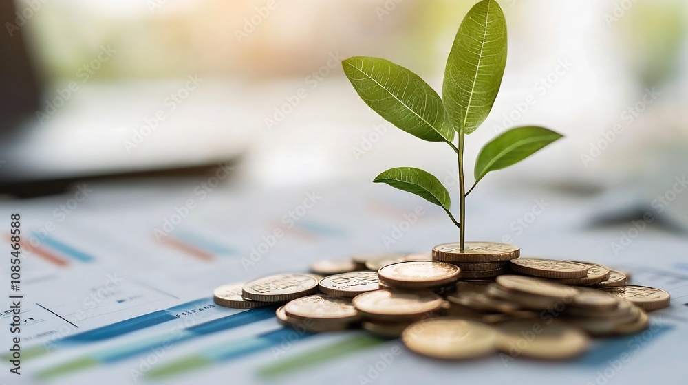 Sustainable Financial Growth Concept with Plant Growing from Coins and Revenue Charts Sustainable Financial Growth Concept with Plant Growing from Coins and Revenue Charts