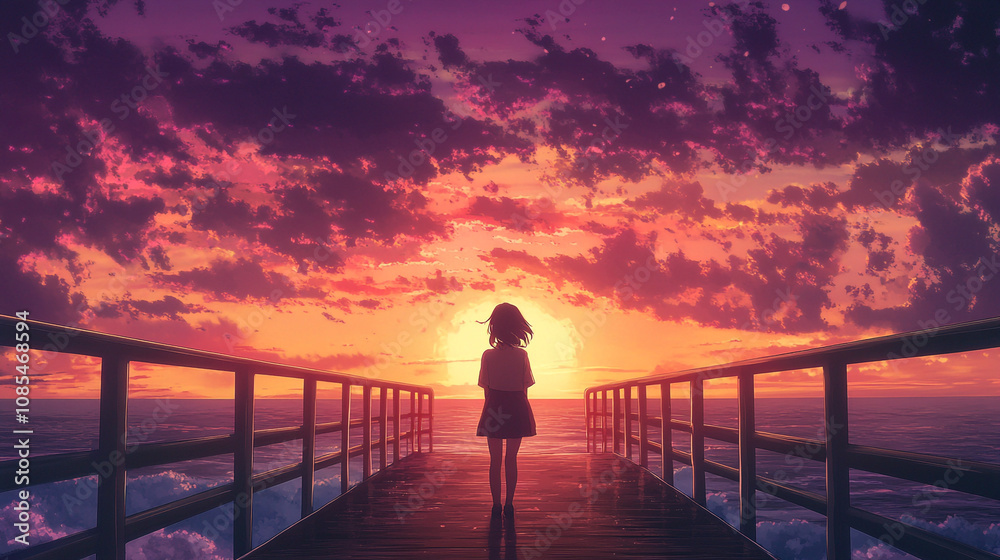 Fototapeta premium Young girl walking on a pier at sunset with vibrant colors and dramatic clouds