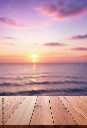 wooden empty board with beautiful calm pastel colours sunset over the ocean