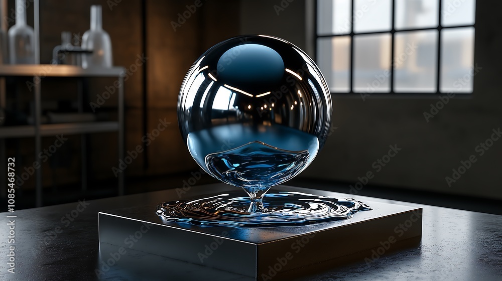 A reflective metallic sphere hovers over a pool of water, creating a captivating visual effect in a modern, industrial setting. A reflective metallic sphere hovers over a pool of water, creating a captivating visual effect in a modern, industrial setting.