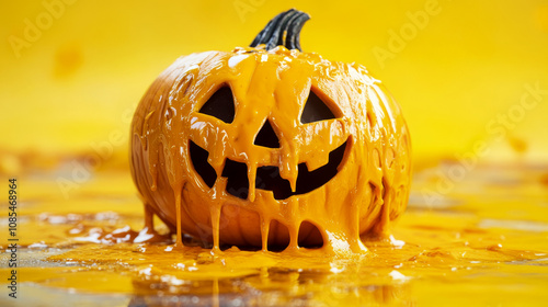 Pumpkin with a carved face covered in melted yellow substance sitting on a similar background. Concept of Halloween and creativity. For Halloween-themed art. photo