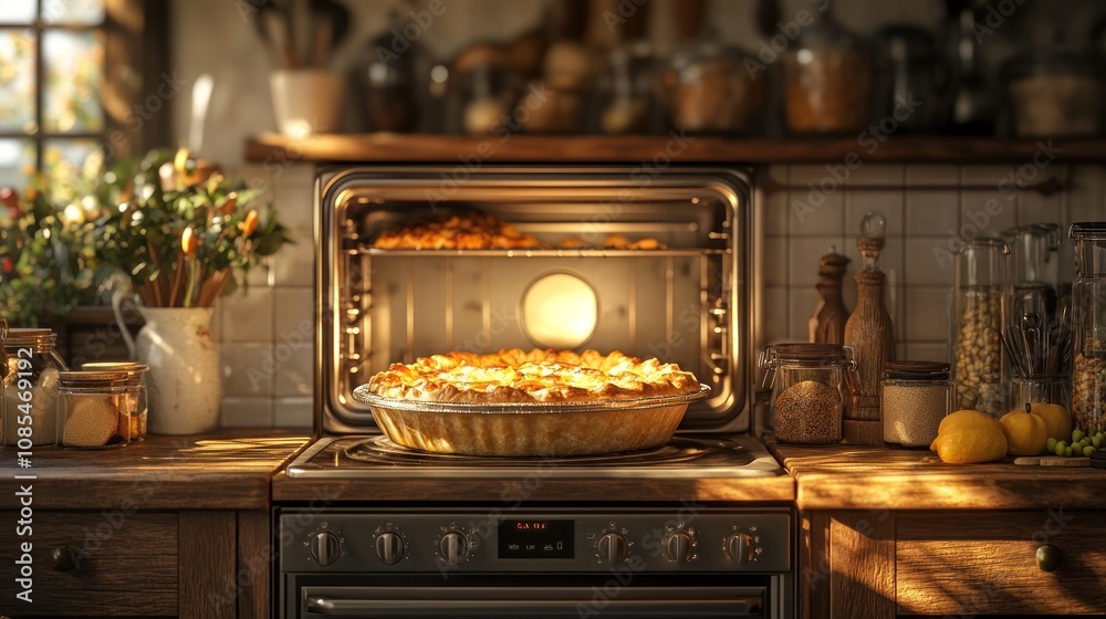 A freshly baked pie in an oven. A freshly baked pie in an oven.