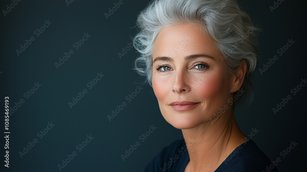 serene portrait of woman with silver hair and soft features, exuding confidence and grace. Her calm expression highlights her natural beauty.