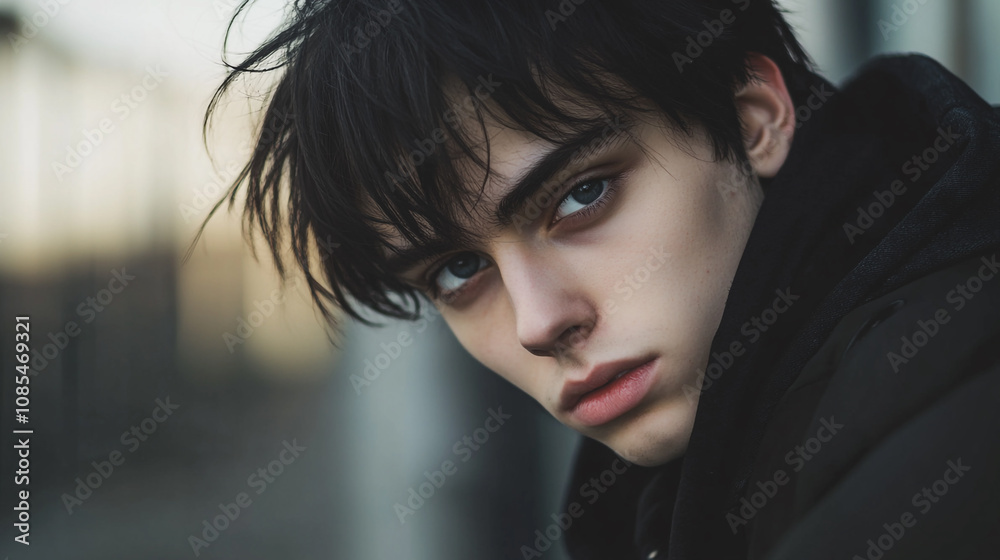 Young man with expressive eyes in urban setting during golden hour Young man with expressive eyes in urban setting during golden hour