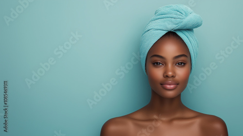 woman with turquoise towel on her head poses against light blue background, showcasing her natural beauty and glowing skin.