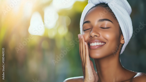 woman with towel on her head smiles while applying skincare, radiating joy and freshness. Her glowing skin reflects healthy lifestyle.