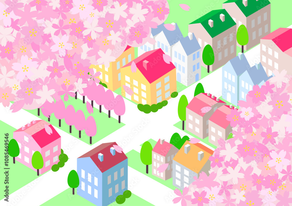 アイソメトリック 桜のある街並み アイソメトリック 桜のある街並み