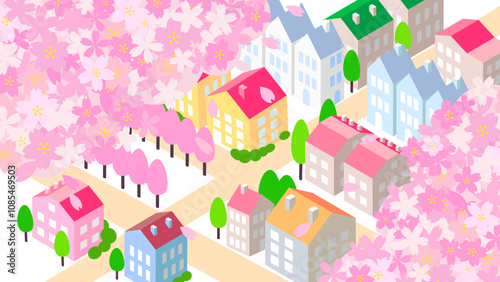 アイソメトリック　桜のある街並み