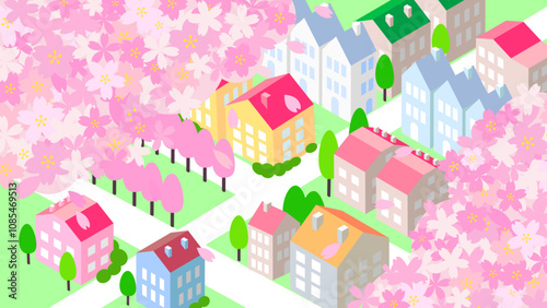 アイソメトリック　桜のある街並み