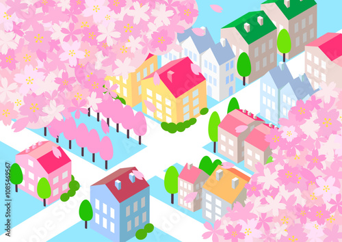 アイソメトリック　桜のある街並み