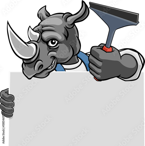 A rhino window cleaner or car wash cleaning cartoon mascot man holding a squeegee washing tool