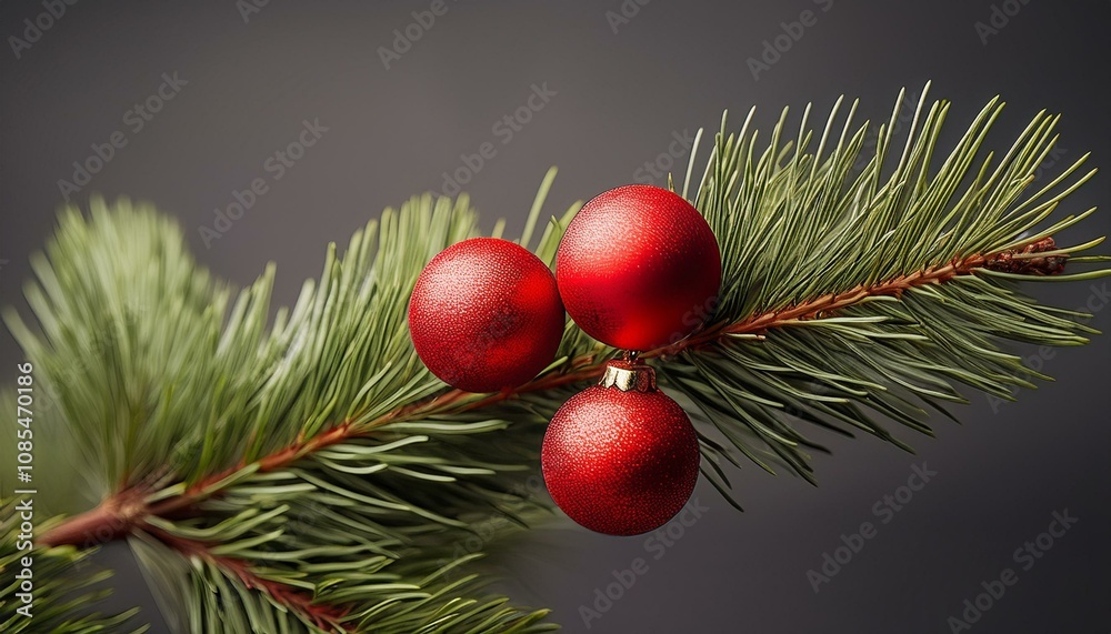Branch of a natural Christmas tree with red balls of berries