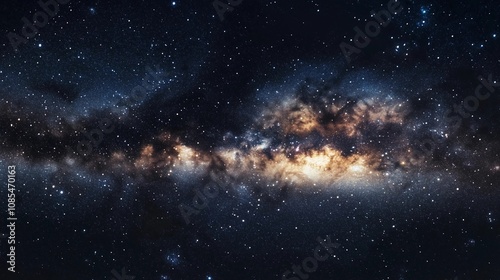 A panoramic view of the Milky Way galaxy, with stars twinkling in all directions and a sense that it is endless and vast. The background color should be dark blue or black to highlight 