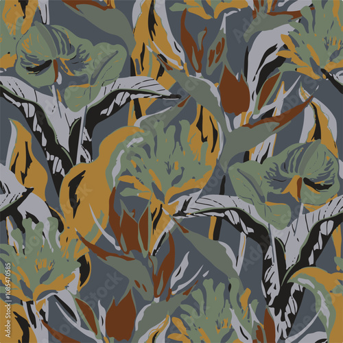 Big flowers pattern, upscale floral pattern. graphical textures floral, trendy colors pattern , flowers background with leaves. vector illustration.